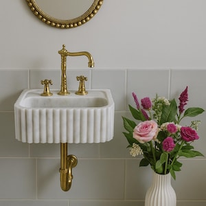 Lavandino da bagno in marmo bianco fatto a mano - Lavandino a parete o da appoggio - Lavandino in pietra naturale - Lavandino in marmo di lusso - Design minimalista moderno