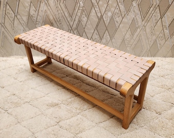 Banco con correa de cuero, banco rústico hecho a mano, banco de entrada con cuero sintético, banco bohemio, banco moderno para pasillo rústico.