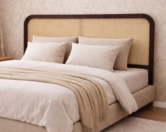 Natural Rattan Headboard Handmade Cane Bed Frame | Light Wood Boho Bedroom Decor | Curved Woven Bedhead