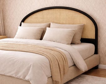 Stylish headboard rattan Black, Rattan Handcrafted, Fits Queen/Full Beds - Elegant Natural Aesthetic, Sturdy Design for Cozy Bedrooms