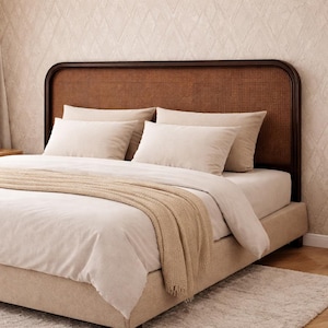 Cabecero de ratán artesanal con estructura de cama curva / Decoración vintage boho para dormitorio / Cabecero tejido en nogal oscuro.