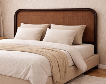 Handcrafted Rattan Wood Headboard Curved Cane Bed Frame | Vintage Boho Bedroom Décor | Dark Walnut Woven Headboard .