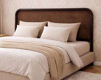 Vintage Rattan Headboard Twin/Full, Boho Cane Bed Frame, Wicker Bedroom Decor | Natural Woven Headboard, Mid Century Modern Style