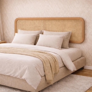 May include: A bed with a woven rattan headboard and beige bedding. The bed is made up with several pillows and a tan throw blanket. The bed frame and the rug are also beige, creating a neutral and relaxing aesthetic.