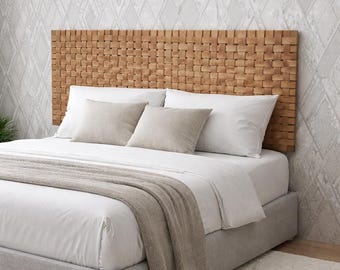 Luxury Handcrafted Woven Leather Wooden Headboard | Modern Wall-Mounted Bed Headboard | Natural Solid Wood Wall Art | Size Bedroom Decor .