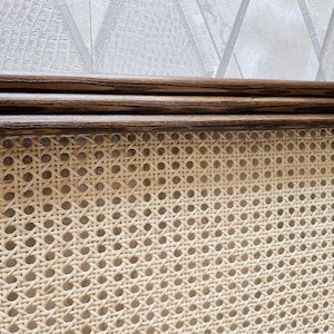May include: Close-up of a section of a light-colored woven cane panel with a dark brown wooden frame. The cane has a repeating pattern of small, evenly spaced holes. The wooden frame has a smooth, polished finish.