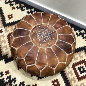 Handmade Moroccan Leather Pouf: Round Boho Footstool, Floor Cushion - Unstuffed