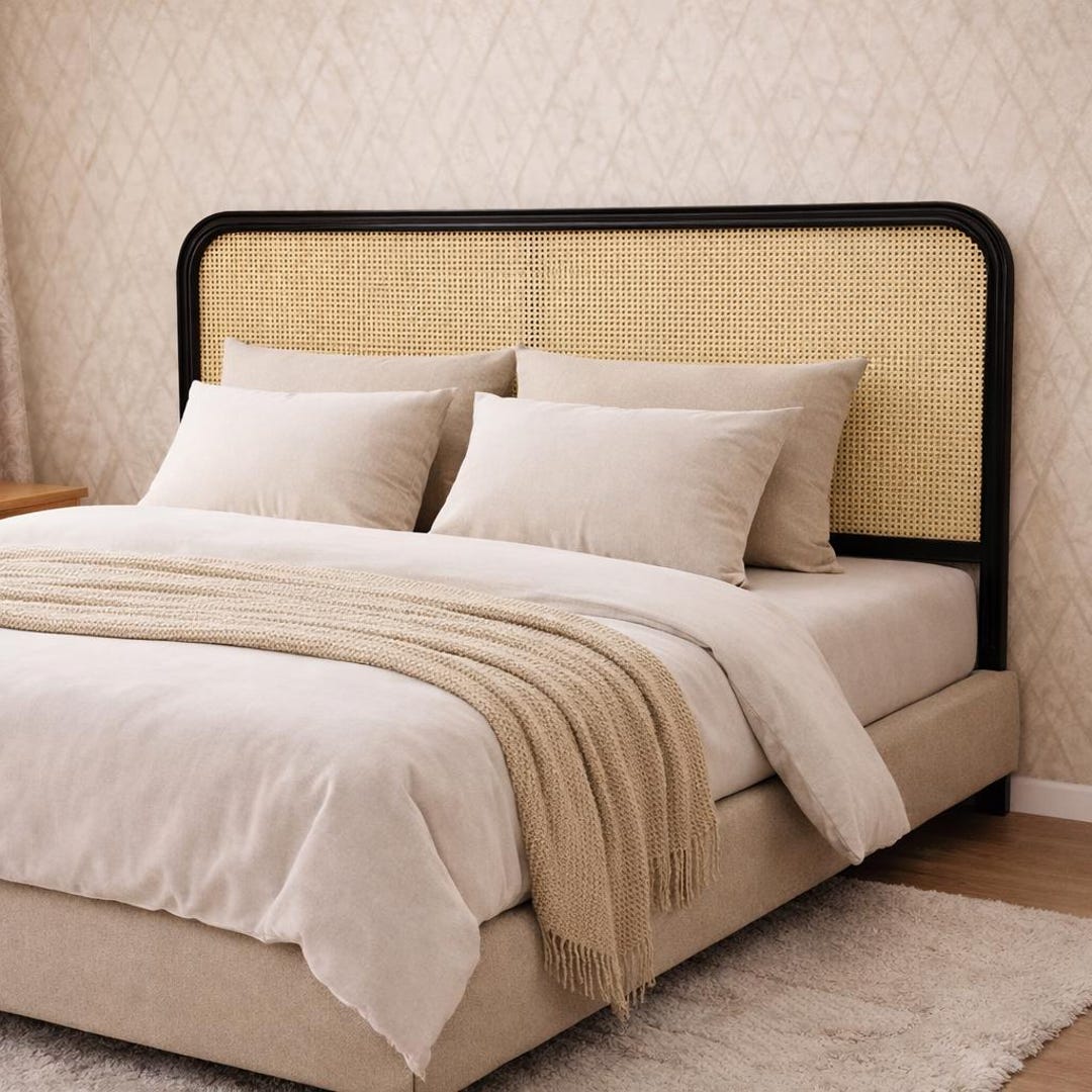 Black Rattan Headboardhandmade Cane Bed Frame, Modern Boho Bedroom ...