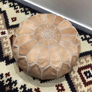 Handmade Moroccan Leather Pouf Ottoman: Light Tan & Dark Brown Berber Stitch