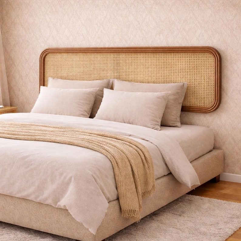 May include: A bed with a light beige upholstered frame and headboard. The headboard features a woven rattan center framed by a dark wood border. The bed is made with light beige bedding, pillows, and a tan throw blanket.