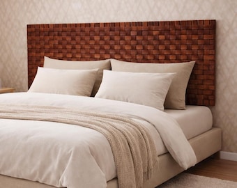 Handcrafted Dark Wood Woven Headboard Wall-Mounted Bed Headboard | Rustic Modern Solid Wood Wall Art | Boho Bedroom Decor .