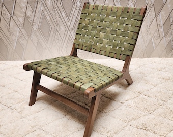 Handmade Woven Leather Accent Chair, Walnut Wood Boho Lounge Seating, Mid-Century Modern Indoor Chair, Organic Textured Living Room Seat