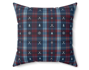 Burgundy and Blue Plaid Pattern Pillow | Winter Cabin Throw Pillow