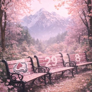May include: A scenic view of a park with three wooden benches. The benches are painted pink and have black metal frames. The benches have the numbers 29 and 18 on them. The background features a mountain range and pink flowering trees.