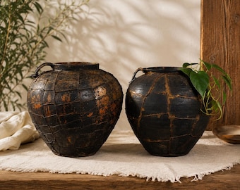 Vintage Handmade Clay Pot - Rustic Wabi-Sabi Vessel - Farmhouse Decor