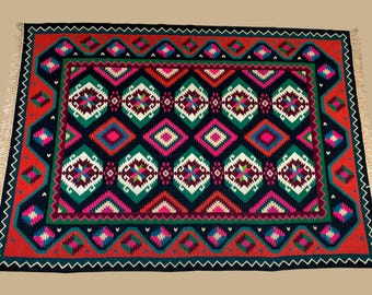 Vintage Ukrainian Wool Rug / Handwoven Floral Kilim Carpet / Colorful Wall Tapestry / Rustic Ethnic Floor Rug / Folk Art Textile