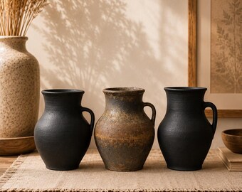 Vintage Handmade Clay Pot - Rustic Ceramic Vase - Farmhouse Decor