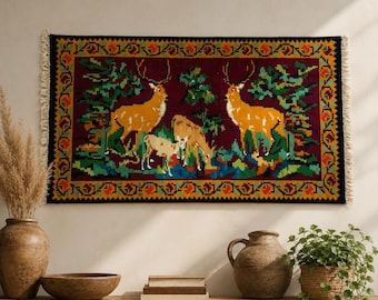 Vintage Handwoven Wool Rug – Deer Scene Forest Tapestry, Boho Folk Art Carpet