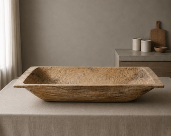 Antique Hand Carved Wood Dough Bowl – Large Rustic Primitive Kitchen Decor