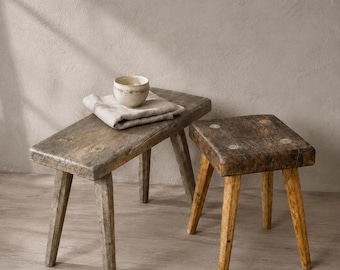 Vintage Holzhocker - Rustikale Bauernhaus Bank - Primitiver Beistelltisch