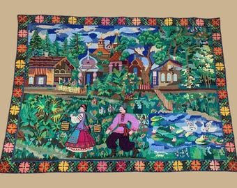 Vintage Embroidered Rug - Colorful Handmade Wall Hanging - Ukrainian Tapestry - Boho Needlepoint Carpet - Retro Wall Textile