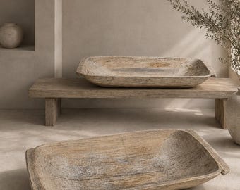 Antique Hand Carved Dough Bowl - Large Rustic Wood Centerpiece