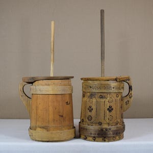 Antique Wooden Butter Churn - Primitive Butter Crock with Dasher - Vintage Dairy Crock - Butter Making Tool - Rustic Farmhouse Decor