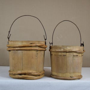 Vintage Wooden Bucket - Rustic Farmhouse Pail - Antique Wood Planter - Wood Storage Bowl - Old Wooden Barrel Pot - Primitive Country Decor