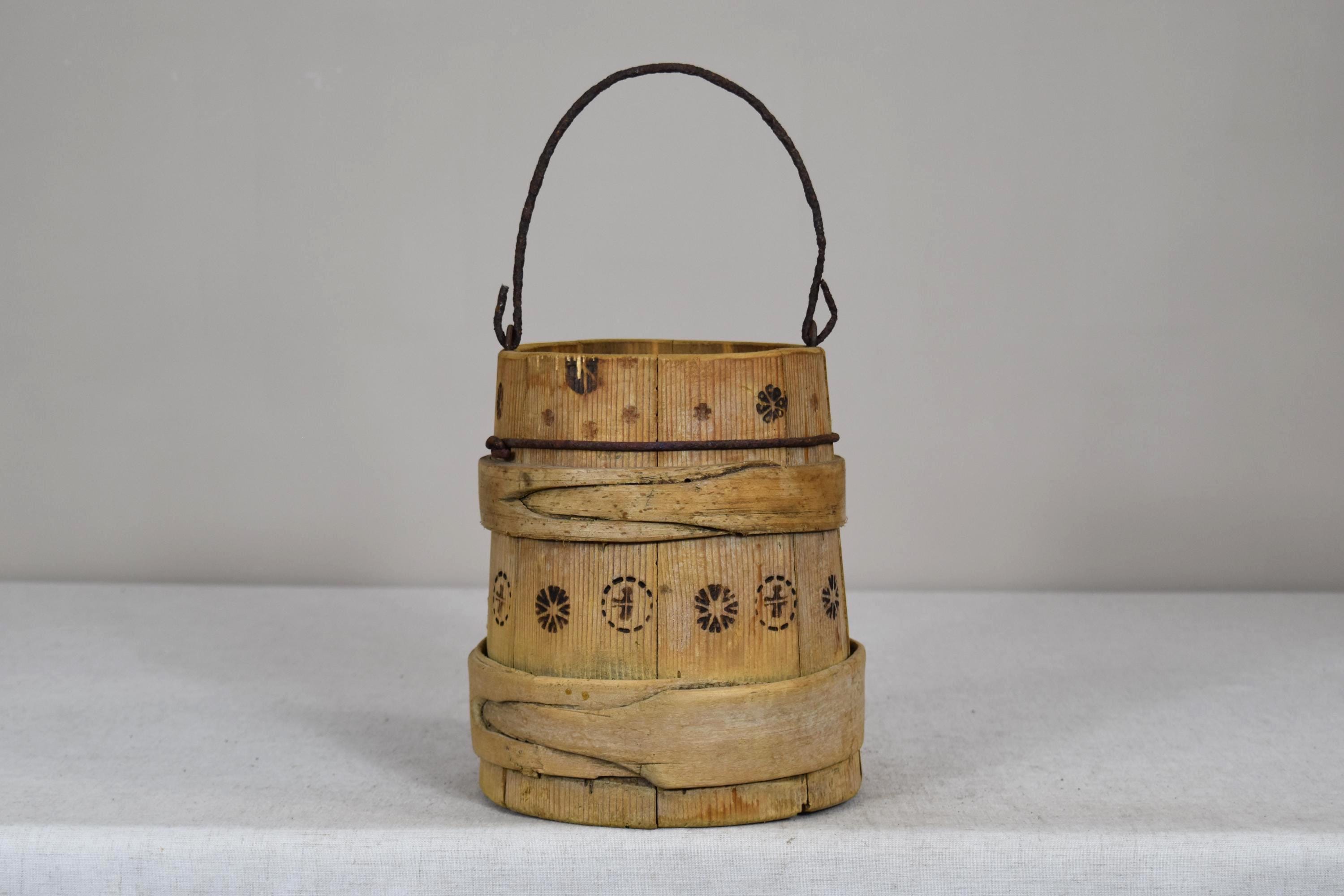 Vintage Wooden Bucket - Rustic Farmhouse Pail - Antique Wood Planter ...