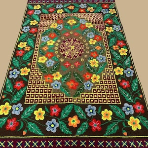 Vintage Pile Rug - 70s Shaggy Handknotted Rug - Primitive Folk Art Hooked Rug - Colorful Low Pile Tufted Carpet - Old Shag Rug
