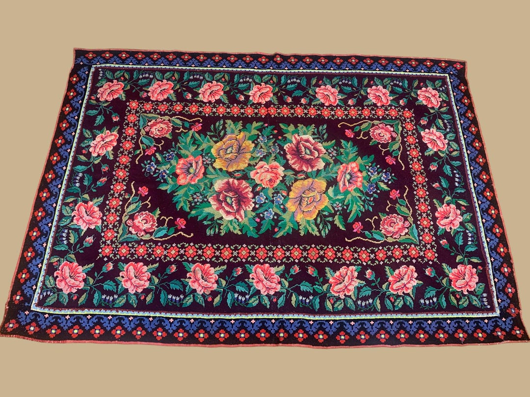 Vintage Embroidered Rug - Colorful Handmade Wall Hanging - Floral ...