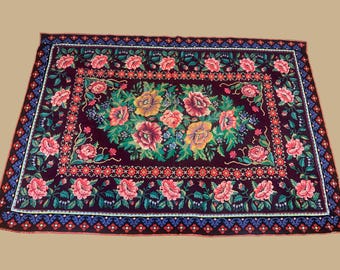 Vintage Embroidered Rug - Colorful Handmade Wall Hanging - Floral Ukrainian Tapestry - Boho Needlepoint Carpet - Retro Wall Textile