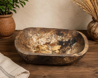 Antique Hand-Carved Wooden Dough Bowl – Primitive Rustic Farmhouse Decor