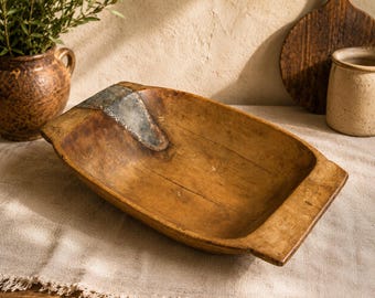 Antique Hand-Carved Wooden Dough Bowl – Rustic Farmhouse Fruit Bowl Centerpiece