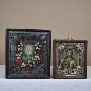 Vintage Christian Icon - Orthodox Devotional Icon - Folk Religious Art - Jesus, Virgin Mary Sacred Wall Decor - Home Altar Icon