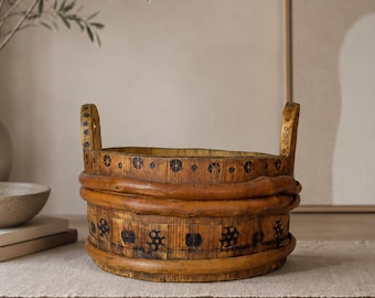 Vintage Holz Obstschale - Rustikaler handgemachter Holzkorb - Bauernhaus Dekor