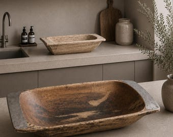 Antique Hand Carved Wood Dough Bowl – Rustic Farmhouse Kitchen Decor