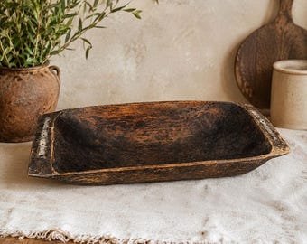 Antique Hand Carved Wood Dough Bowl - Large Rustic Farmhouse Bread Tray (33.1")