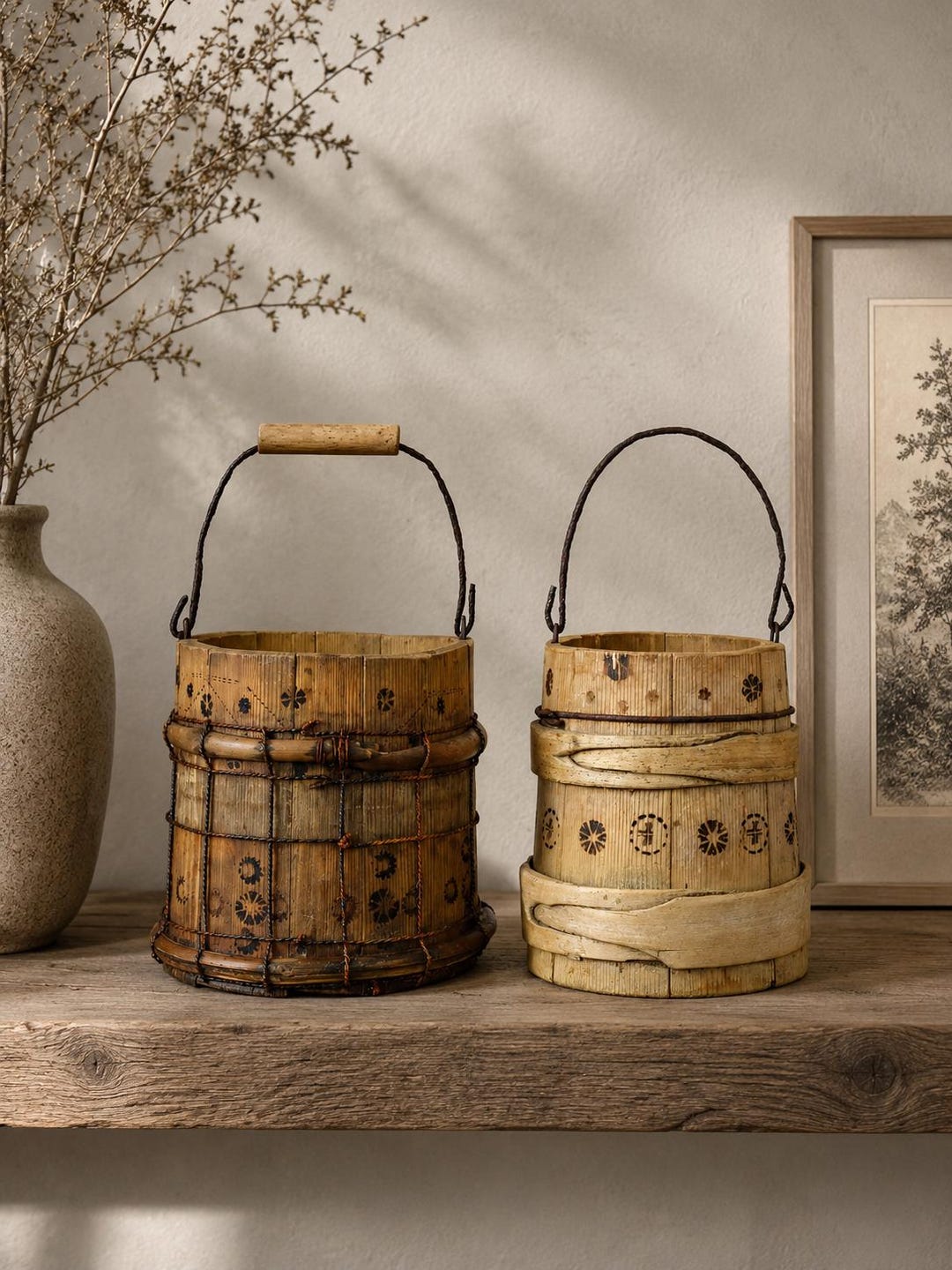 Rustic Garbage Pail Vintage Wooden Bucket - Rustic Farmhouse Pail - Antique Wood Planter ...