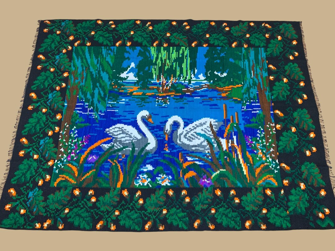 Vintage Wool Floral Swan Rug - Handwoven Ukrainian Kilim - Rustic ...