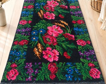 Vintage Ukrainian Wool Rug: Handwoven Floral Kilim Carpet, Folk Art Tapestry