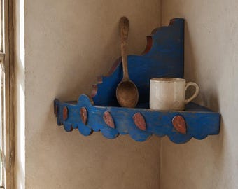 Vintage Wooden Corner Shelf - Rustic Farmhouse Wall Rack - Primitive Decor