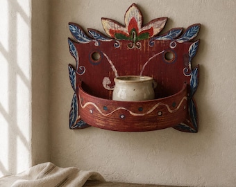 Vintage Hand-Painted Wooden Wall Shelf - Rustic Farmhouse Display Rack