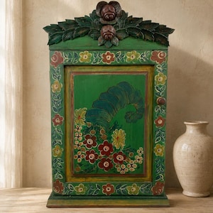 Vintage Folk Art Wooden Cabinet Rustic Hand Painted Storage Cupboard