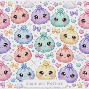 Puede incluir: Un patrón continuo con bolsas redondas, brillantes y de colores pastel que tienen caras sonrientes y ojos grandes y oscuros. El diseño incluye lazos, corazones, estrellas y nubes sobre un fondo claro con el texto Seamless Pattern.