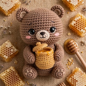 Peut inclure: Un ours en crochet marron tenant un petit pot de miel en crochet avec un couvercle. L'ours a des yeux noirs, un nez brodé et des joues roses. Le mot HONEY est brodé sur le devant du pot. L'ours est entouré de morceaux de rayons de miel.
