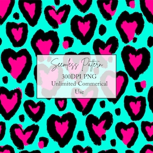 May include: A seamless pattern featuring bright pink hearts outlined in thick black strokes against a vibrant turquoise background. A central white rectangular overlay contains the text: Seamless Pattern, 300DPI PNG, Unlimited Commerical Use.