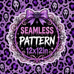 May include: A seamless pattern design featuring a purple leopard print background with white ghost masks. The central circular frame is decorated with a glittery purple bow, skulls, and spiderwebs, displaying the text SEAMLESS PATTERN 12x12in.