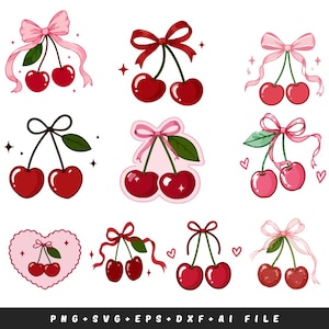 Può includere: Un set di illustrazioni digitali con nove distinti disegni di ciliegie, ognuno abbinato a nastri decorativi, fiocchi e piccole foglie verdi. Le ciliegie sono rese in varie tonalità di rosso e rosa, accentuate da scintille e cuori. Il testo in basso recita PNG + SVG + EPS + DXF + AI FILE.