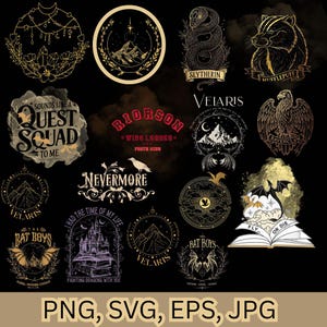 Op de afbeelding: Een verzameling gouden en zwarte grafische ontwerpen, waaronder illustraties van een slang, een das, een adelaar en berglandschappen. Tekst bevat "Slytherin", "Hufflepuff", "Ravenclaw" en "Nevermore". De afbeelding toont ook "PNG, SVG, EPS, JPG".